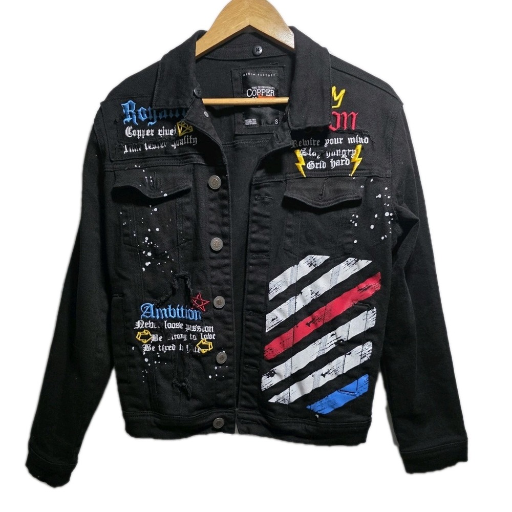 Copper Rivet Men's Denim Jacket Paint Splatter Details Diagonal Stripes Size S